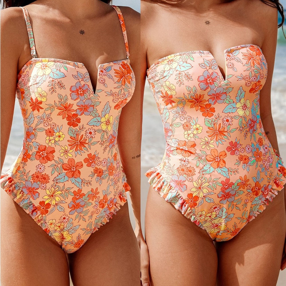 Cupshe Floral One Piece Swimsuit - Orange and Red